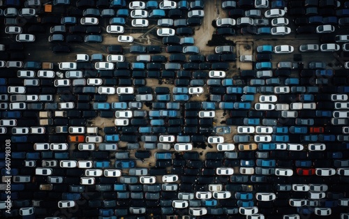 an aerial photo capturing the organized arrangement of brand-new cars lined up at the port, ready for import and export logistics. This scene highlights the efficiency. photo
