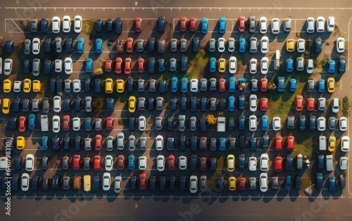 an aerial photo capturing the organized arrangement of brand-new cars lined up at the port, ready for import and export logistics. This scene highlights the efficiency.