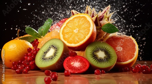 delicious colored fruits on colored background  wallpaper of fruits  sliced fruits on abstract background  fruits background