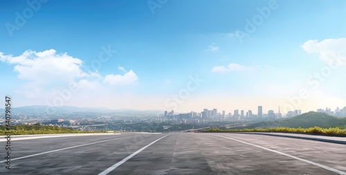 empty asphalt road panoramic perspective on a hill with city view background aerial photography, rounded, birds-eye-view, luminous shadows, low depth of field.