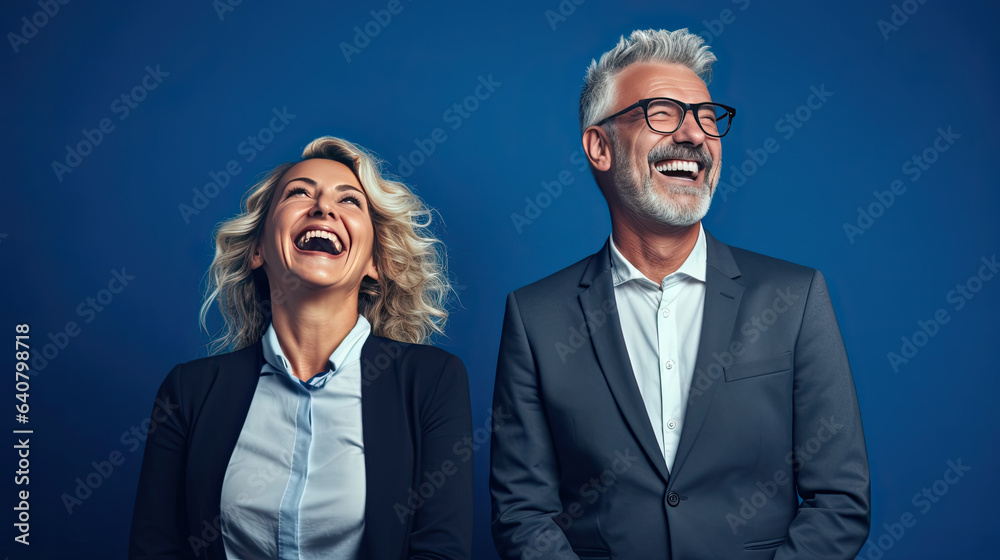 Photo of attractive emotional couple, man and woman friendly smile good mood wear office shirt isolated yellow background Photo of attractive emotional couple, man and woman friendly smile good mood wear office shirt isolated yellow background