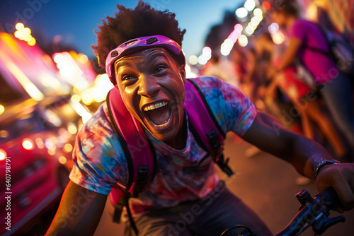 Vibrant juxtaposition of a focused cyclist, teeth gritted in determination, against an atmospheric blurred carnival lit with neon lights.