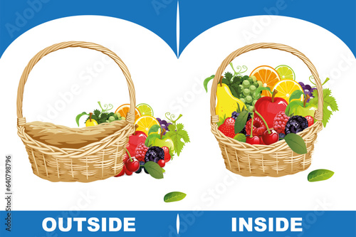 Fruits in bucket inside and outside, education, preprimary, Concept