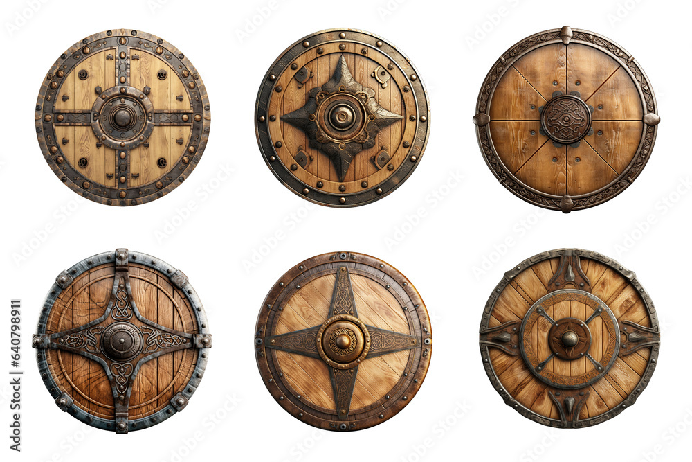 Generative AI, PNG set of old wooden viking shield, protective sign from mediaeval times - obrazy, fototapety, plakaty 