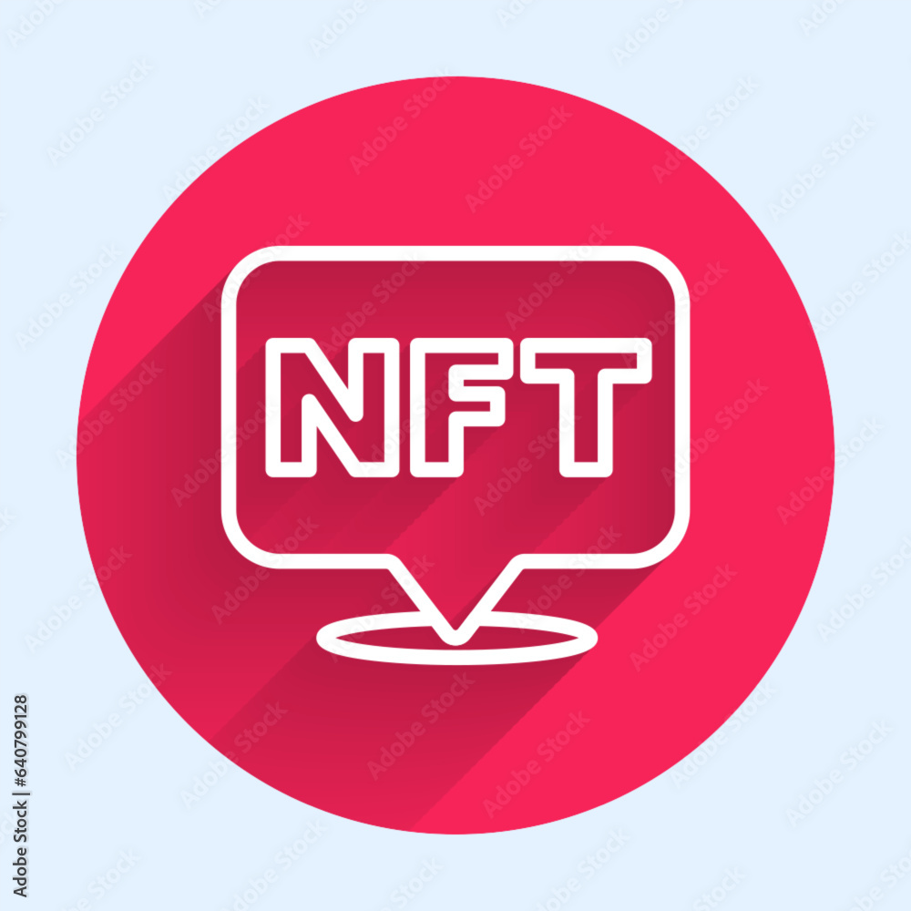 White line NFT Digital crypto art icon isolated with long shadow background. Non fungible token. Red circle button. Vector White line NFT Digital crypto art icon isolated with long shadow background. Non fungible token. Red circle button. Vector