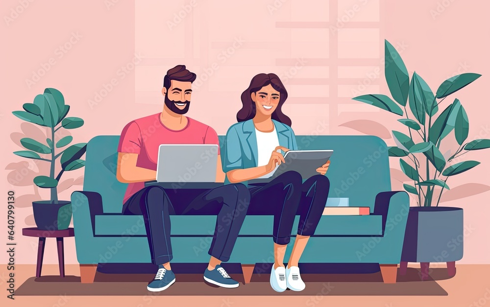 Fototapeta premium young couple sitting on couch and using laptop at home, in the style of hd mod, joyful and optimistic.