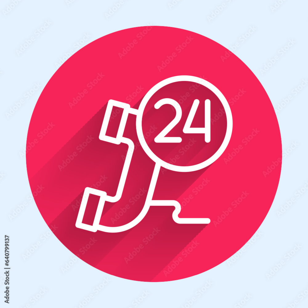 White line Telephone 24 hours support icon isolated with long shadow background. All-day customer support call-center. Full time call services. Red circle button. Vector White line Telephone 24 hours support icon isolated with long shadow background. All-day customer support call-center. Full time call services. Red circle button. Vector
