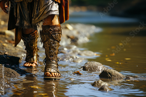 Dramatic close-up of a Roman soldier's feet traversing Rubicon river waters, vividly recapturing the historical moment for Caesar's crossing. photo