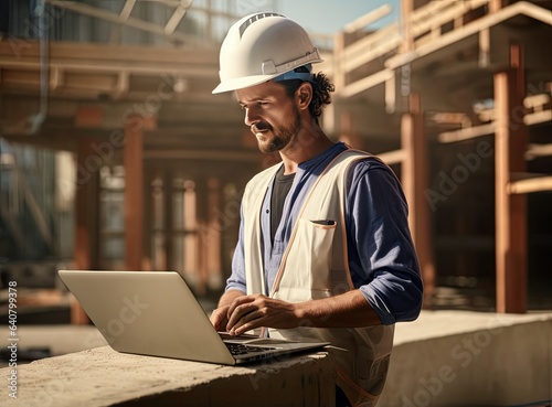 Engineer working with laptop, in the style of social documentary photography, monolithic structures, commission for, light indigo and beige, candid, dadaist, ironica.