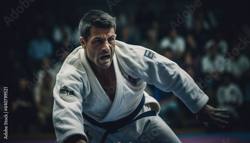 Photo of a man in a white karate suit holding a black belt