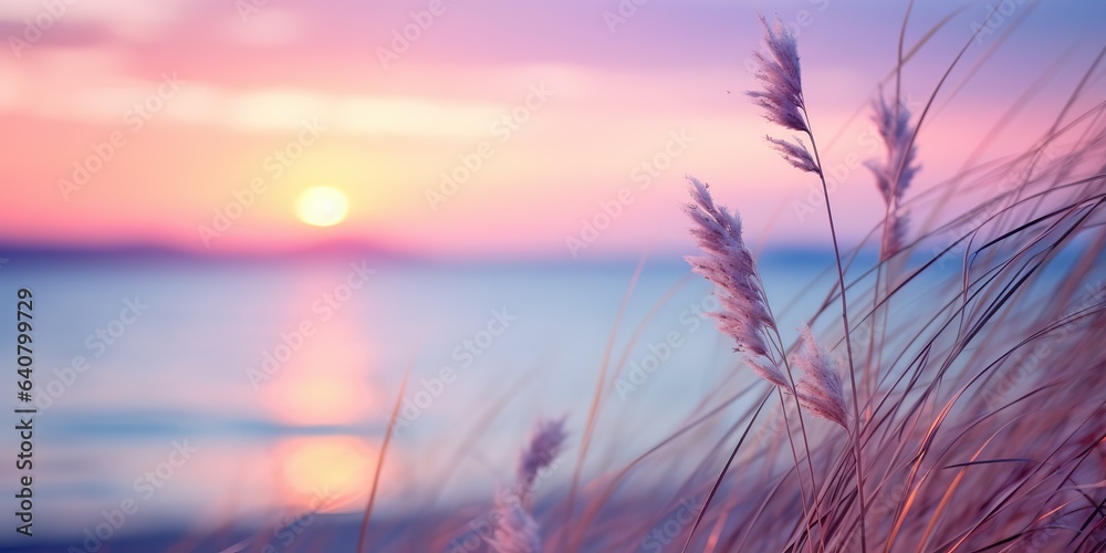AI Generated. AI Generative. Pink and purple grass stem on lake sea water background. Soft pastel colors background. Graphic Art AI Generated. AI Generative. Pink and purple grass stem on lake sea water background. Soft pastel colors background. Graphic Art