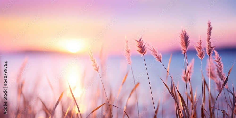 AI Generated. AI Generative. Pink and purple grass stem on lake sea water background. Soft pastel colors background. Lovely relax romantic vibe decoration AI Generated. AI Generative. Pink and purple grass stem on lake sea water background. Soft pastel colors background. Lovely relax romantic vibe decoration