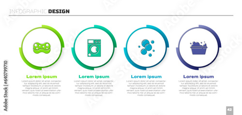 Set Sponge, Washer, Soap water bubbles and Basin with soap suds. Business infographic template. Vector
