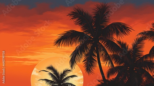  a painting of a sunset with palm trees in the foreground. generative ai
