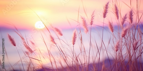 AI Generated. AI Generative. Pink and purple grass stem on lake sea water background. Soft pastel colors background. Lovely relax romantic vibe decoration