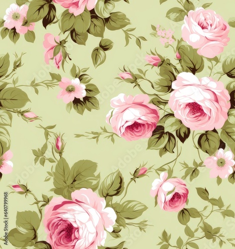 pink roses decorative seamless modern floral border, in the style of light green, pattern and decoration movement, american prints. SEAMLESS PATTERN. SEAMLESS WALLPAPER. © lililia