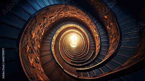  a spiral staircase in a building with a bright light at the end. generative ai