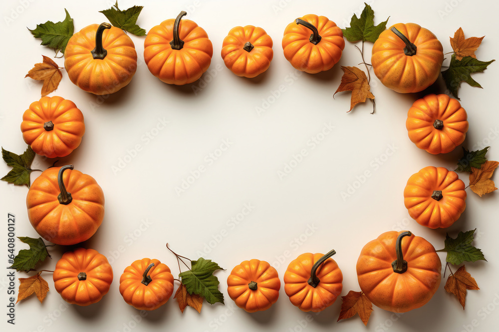 Festive autumn frame of pumpkins and leaves on white background. The concept of Thanksgiving or Halloween Festive autumn frame of pumpkins and leaves on white background. The concept of Thanksgiving or Halloween