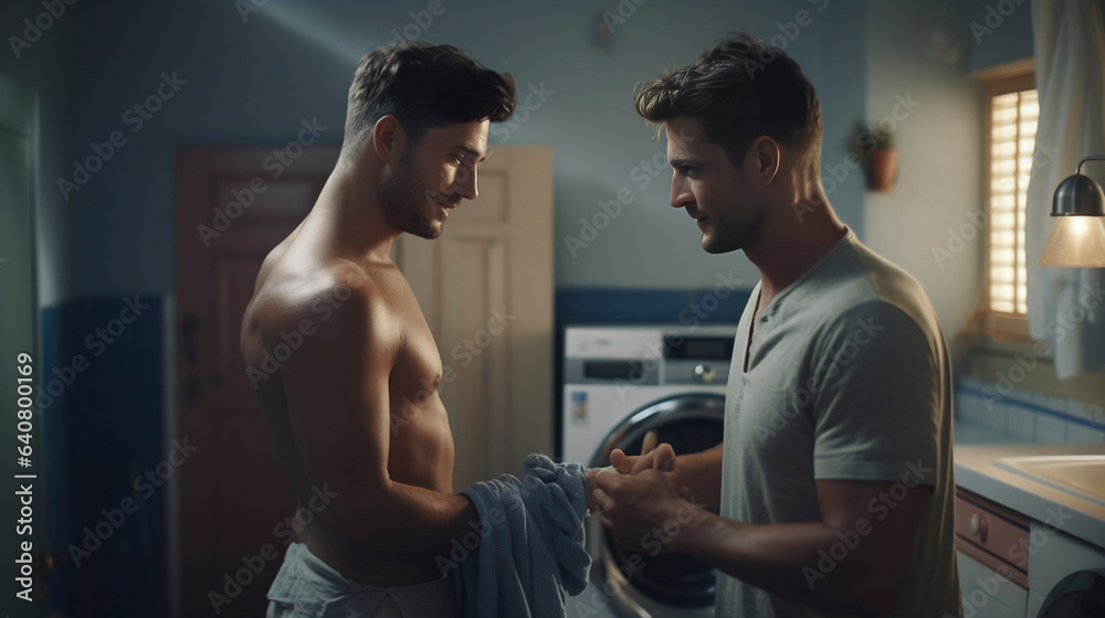 Gay male couple doing laundry in the laundry room. Folding up clothing