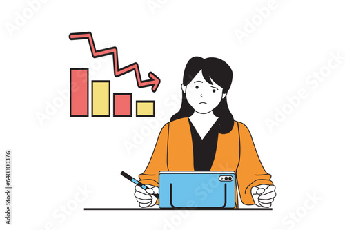 Crisis management concept with people scene in flat web design. Woman losing her money and getting financial reduction and problems. Vector illustration for social media banner, marketing material.
