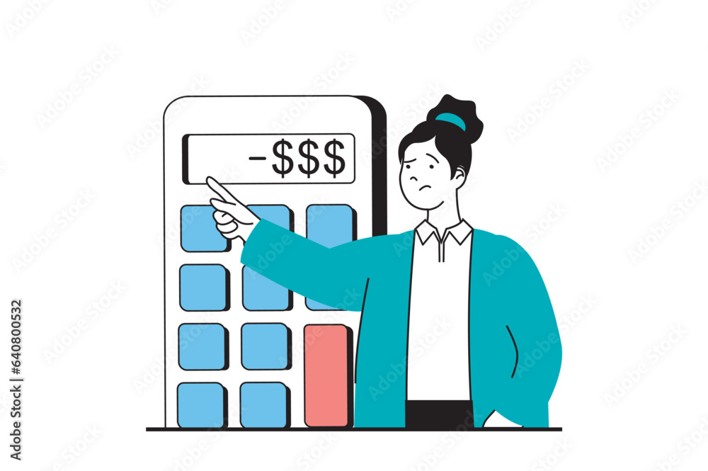 Crisis management concept with people scene in flat web design. Woman calculating her budget, getting financial problems and debts. Vector illustration for social media banner, marketing material.