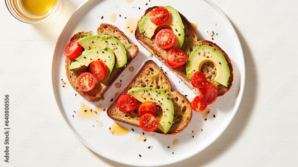 a white plate topped with slices of bread covered in avocado and tomatoes. generative ai a white plate topped with slices of bread covered in avocado and tomatoes. generative ai