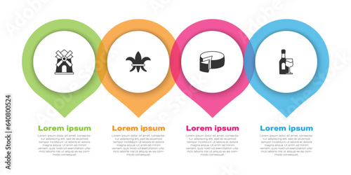 Set Windmill, Fleur De Lys, Cheese and Wine bottle with glass. Business infographic template. Vector