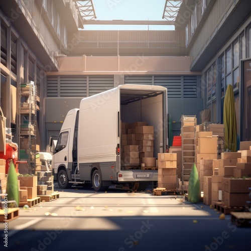 the exterior of a bustling logistics warehouse with its door wide open. A delivery van, heavily loaded with neatly stacked cardboard boxes, stands adjacent to a waiting truck. © lililia