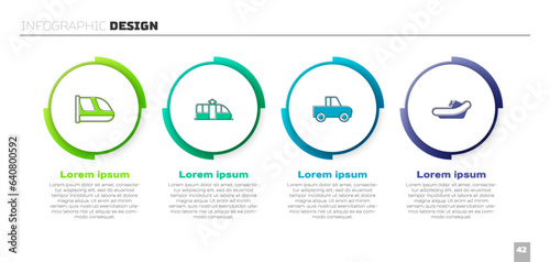 Set Train and railway, Tram, Pickup truck and Rafting boat. Business infographic template. Vector