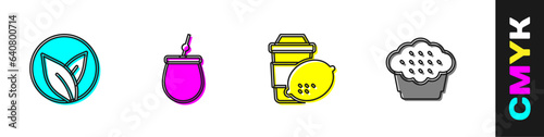 Set Tea leaf, Mate tea, Cup of with lemon and Muffin icon. Vector