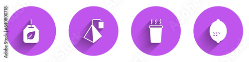 Set Tea bag with leaf, Cup of tea and Lemon icon with long shadow. Vector