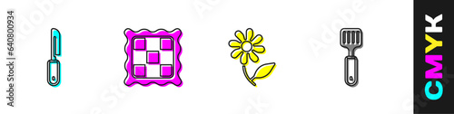 Set Knife, Checkered napkin, Flower and Spatula icon. Vector