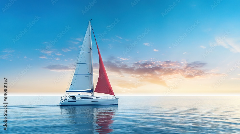  a sailboat with a red sail is in the water.  generative ai