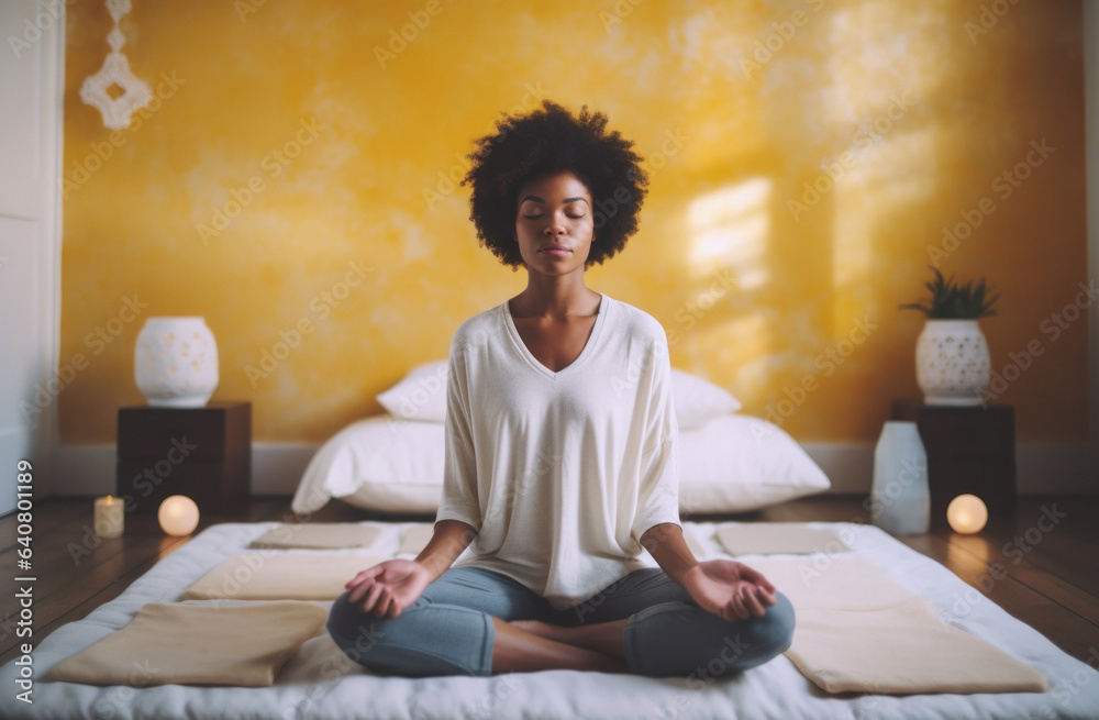 Young African American woman meditating in her minimalist room to improve focus. breathwork concept.lotus pose Young African American woman meditating in her minimalist room to improve focus. breathwork concept.lotus pose