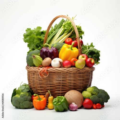 An adorable wicker basket filled with a colorful assortment of organic vegetables and fruits neatly arranged on a clean white background.