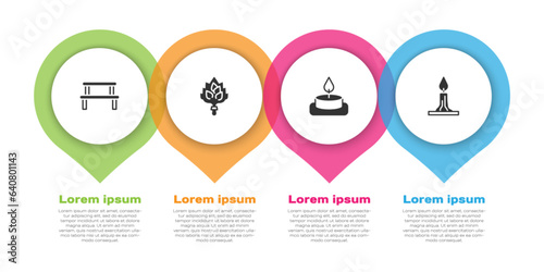 Set Sauna wood bench, broom, Aroma candle and Burning. Business infographic template. Vector