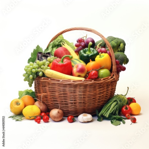 An adorable wicker basket filled with a colorful assortment of organic vegetables and fruits neatly arranged on a clean white background.