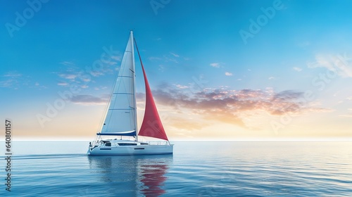  a sailboat with a red sail is in the water. generative ai