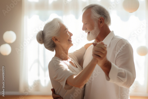 An elderly couple radiates nostalgia and affection as they dance to their favorite song once again on their wedding anniversary, their deep connection shining in their eyes. Valentine's day concept