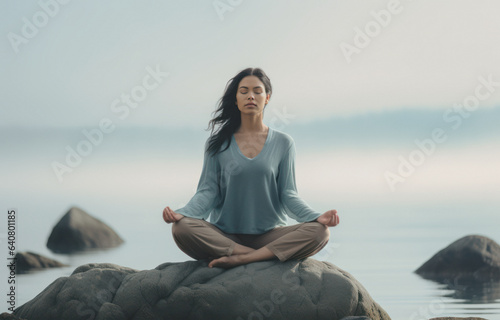 A young woman meditating on a rock at the seashore on the beach, practicing mindfulness and focused breathing to improve her mental well-being.breathwork concept photo