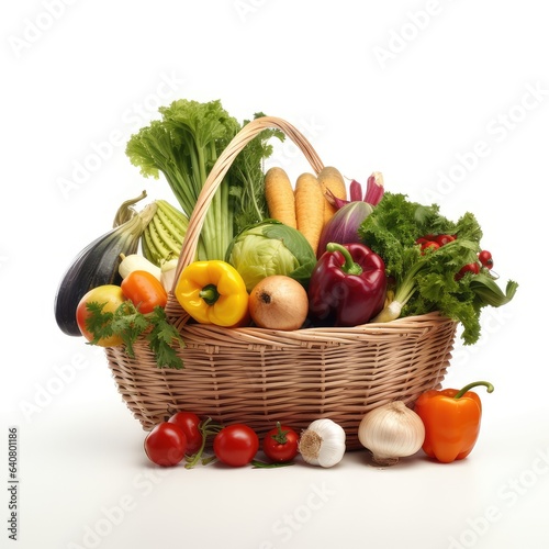 An adorable wicker basket filled with a colorful assortment of organic vegetables and fruits neatly arranged on a clean white background.