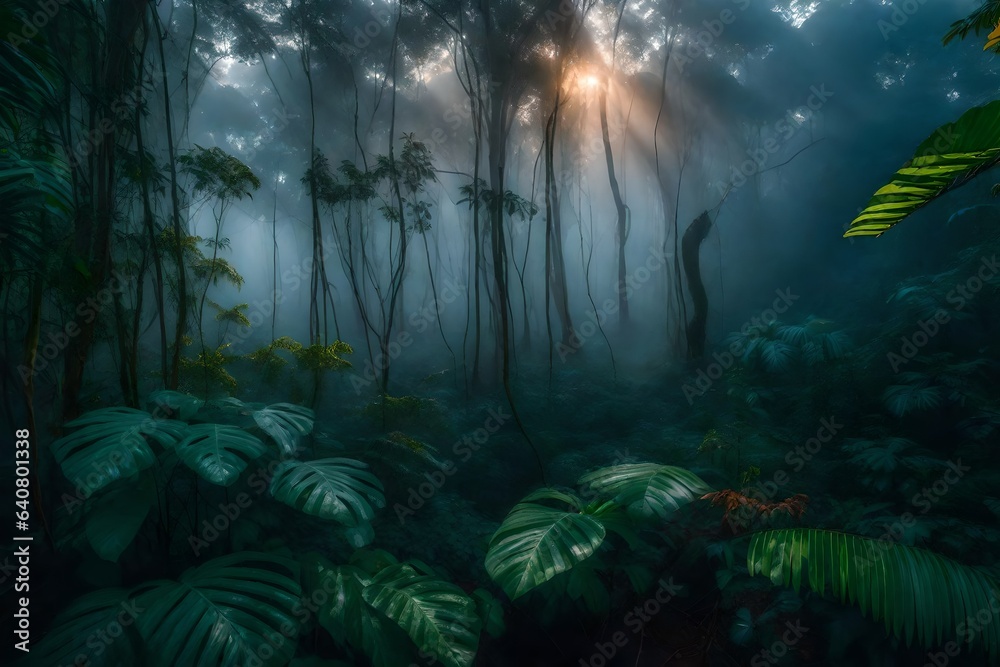 Fototapeta premium an image of a jungle at dawn, shrouded in mist - AI Generative