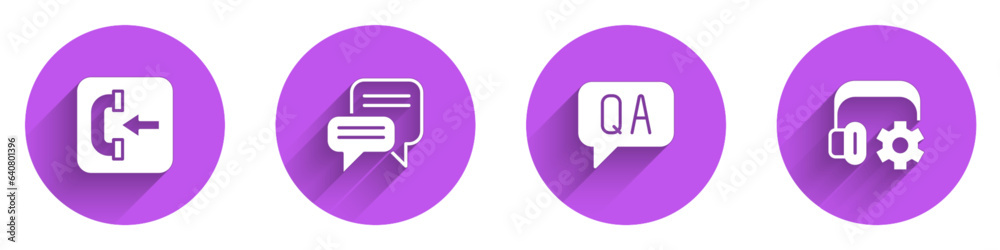 Set Incoming call phone, Speech bubble chat, Question and Answer and Headphoneswith settings icon with long shadow. Vector Set Incoming call phone, Speech bubble chat, Question and Answer and Headphoneswith settings icon with long shadow. Vector