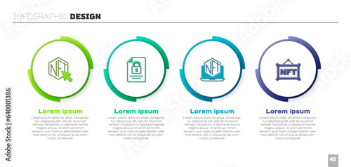 Set NFT Digital crypto art, Document and lock, Laptop with store app and . Business infographic template. Vector