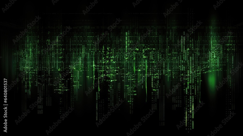An image of a matrix code with iconic green symbols on a black background.