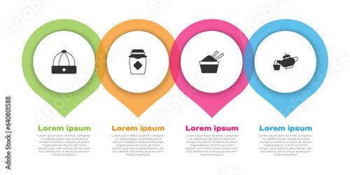 Set Chinese hat, Jar of honey, ice bowl with chopstick and tea ceremony. Business infographic template. Vector