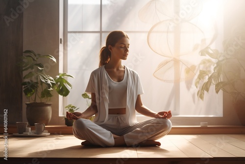 Indoor yoga lifestyle. Adult woman model in white. Yoga. wellness photo