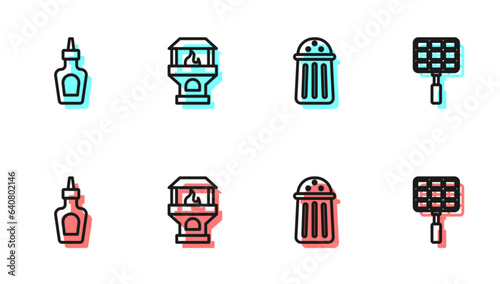 Set line Salt, Sauce bottle, Brick stove and Barbecue steel grid icon. Vector