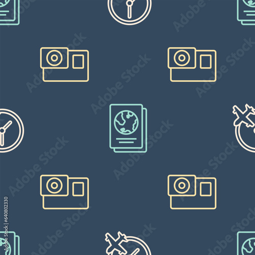 Set line Clock with airplane, Action camera and Passport on seamless pattern. Vector