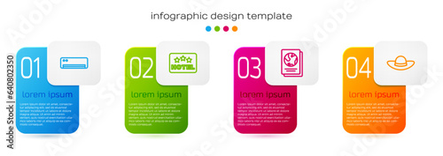 Set line Air conditioner, Signboard with text Hotel, Passport and Elegant women hat. Business infographic template. Vector
